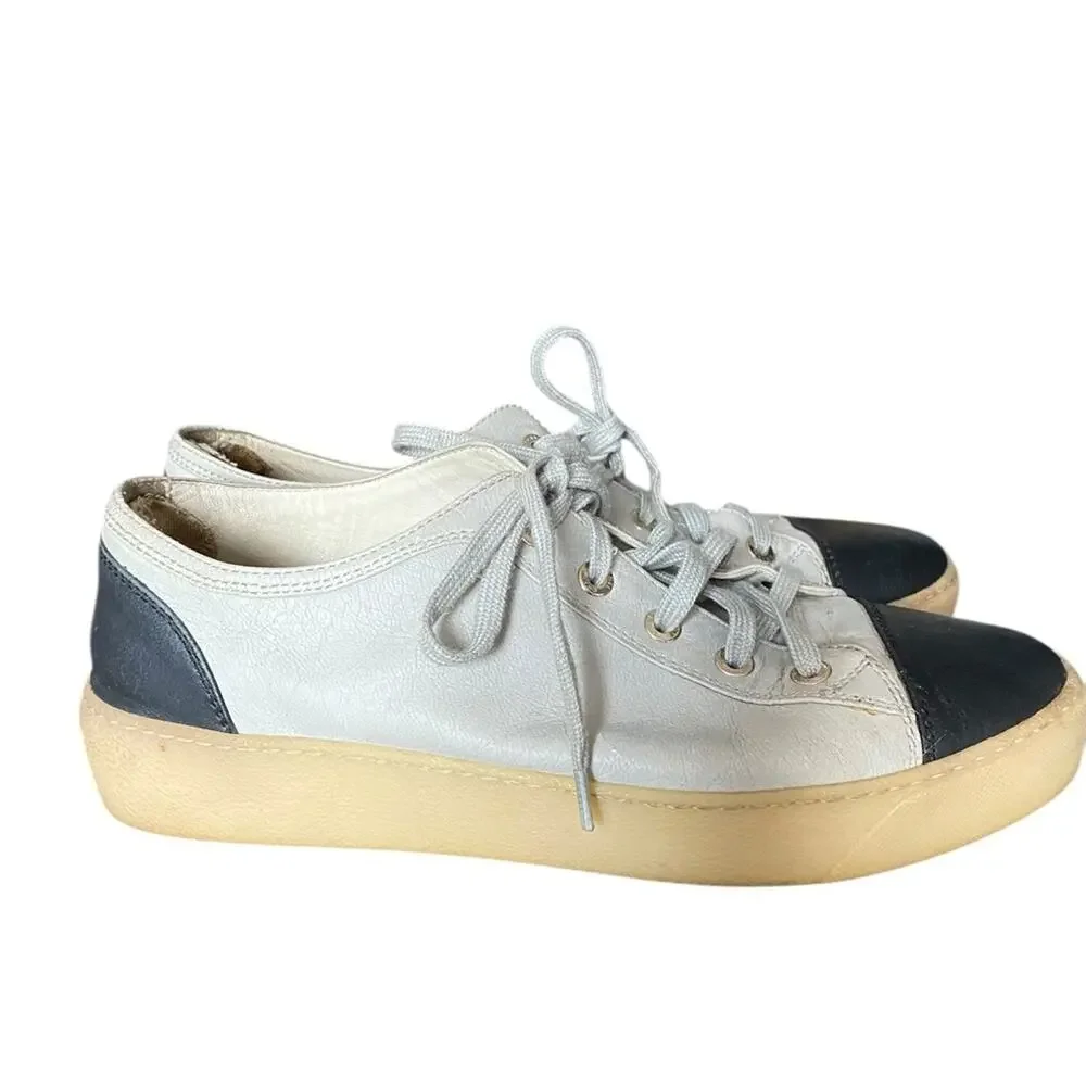 Chanel Calfskin Lace Up Cap Toe Sneakers size 38 US 8 Gray Grey Black